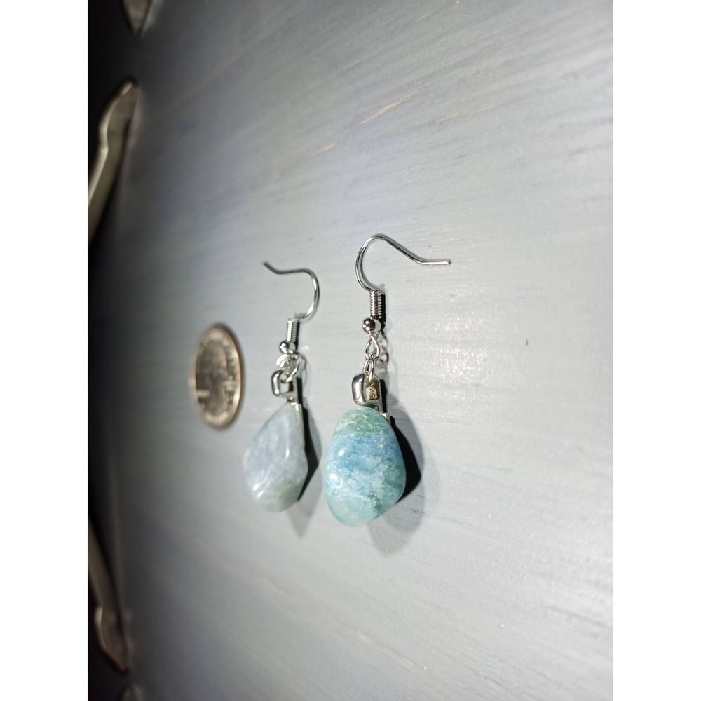 Blue Chalcedony Natural Stone Drop Earrings Nickel Free Silver Tone Boho Jewelry - Picture 4 of 5